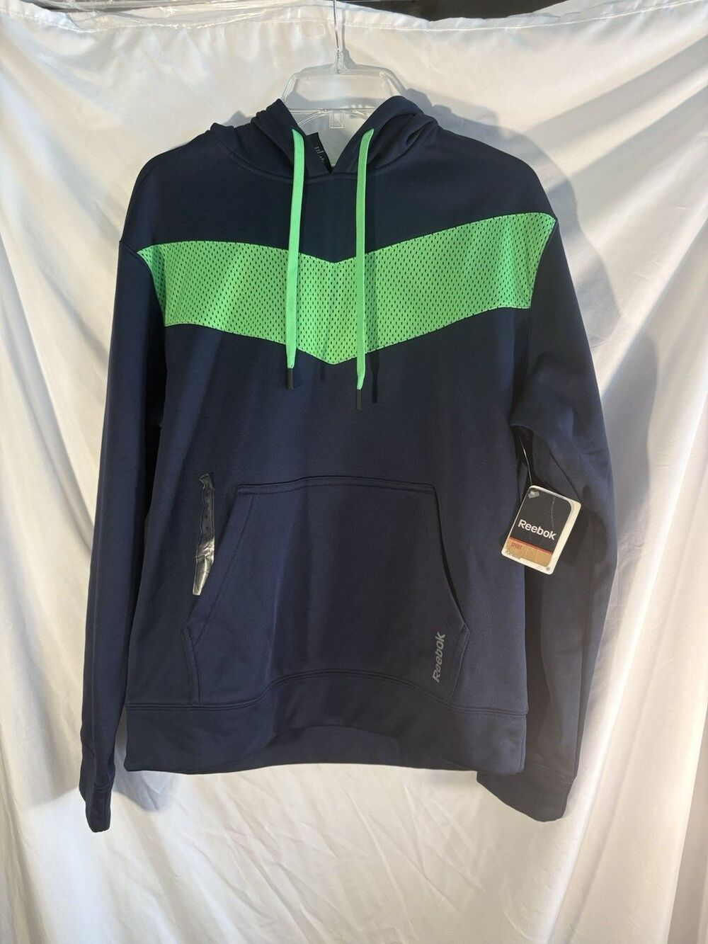 Reebok Small NWT Play Warm Pocketed Hoodie Navy W/green Performance Fleece